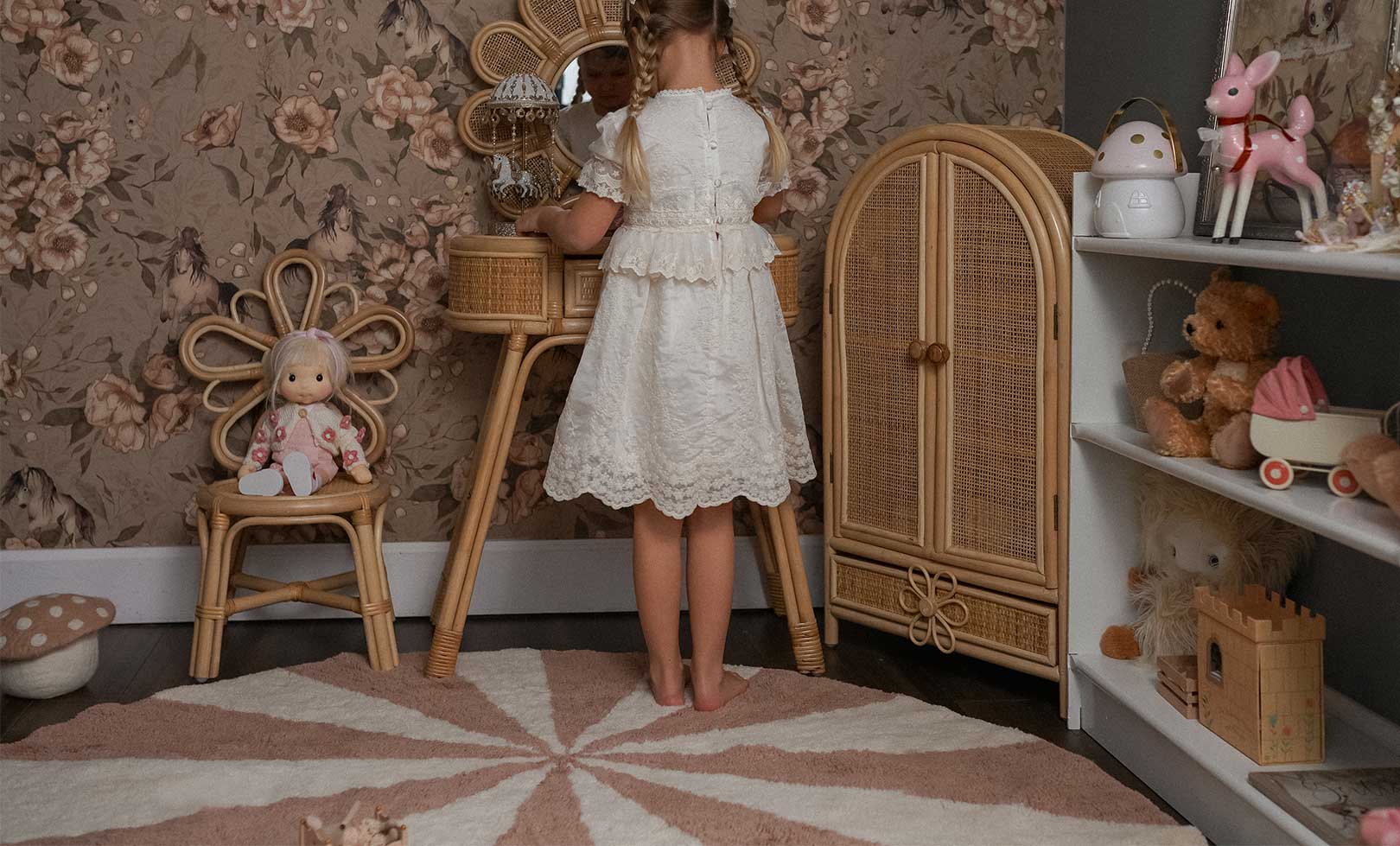 Child in a vintage-style room with a non-toxic, washable wool rug.