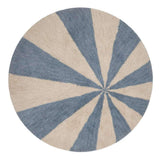 Washable wool children's rug featuring a calming blue pinwheel pattern, perfect for playful yet serene spaces.