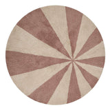 Washable wool children’s rug featuring a pink pinwheel design, combining softness with playful charm.